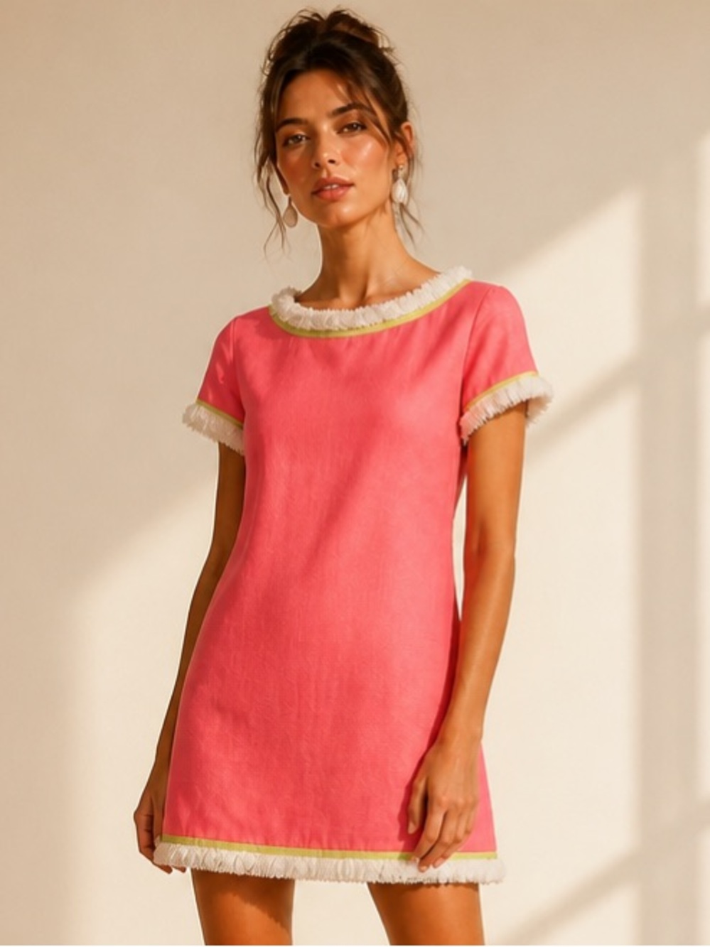 SAIL TO SABLE STS Linen Dress Fringe Pink white Green Mini Shift Short Sleeve 8